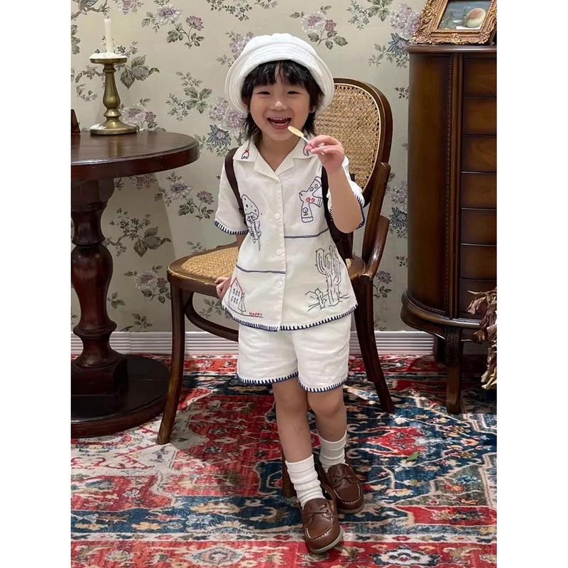 男童夏套装儿童2025新款薄款痞帅洋气短袖衬衫女宝宝好看衬衣潮|undefined