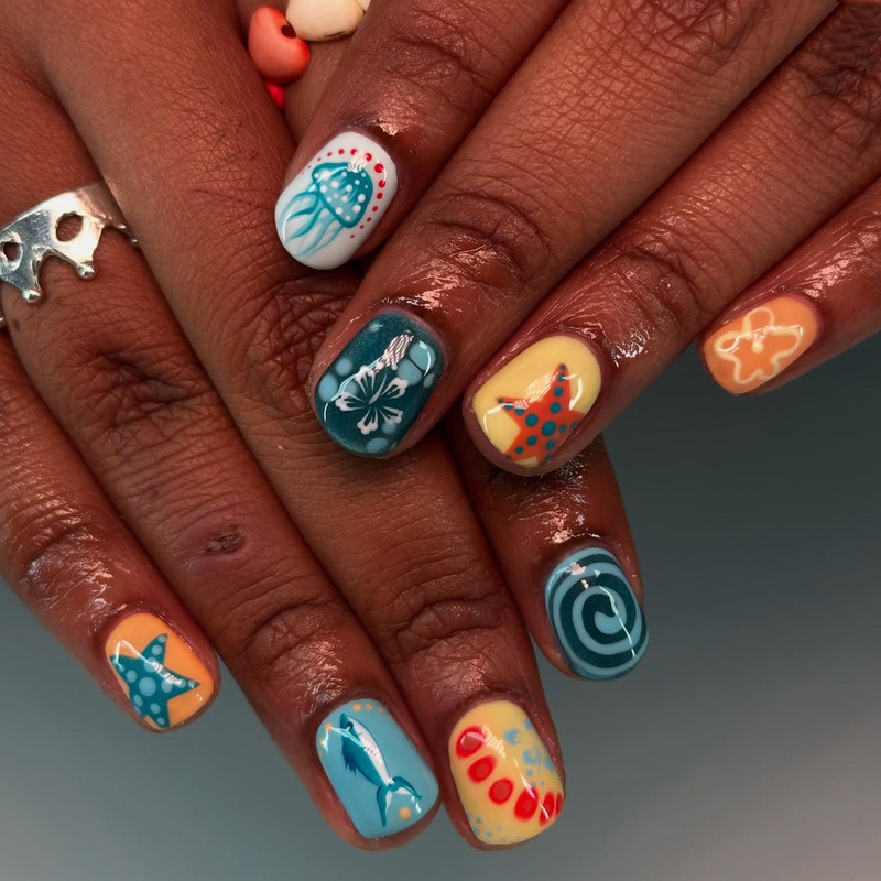 Short Blue Jellyfish Swirl Multicolor Starfish Flower Wearable Nails Summer Fake Nails Export Removable Nail Pieces