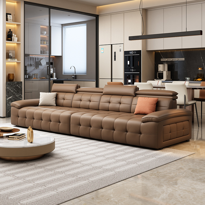 Italian-Style Light Luxury Nappa Leather Sofa, Modern Minimalist Small Apartment Soft Backrest, Washable Straight-Row Sofa Set