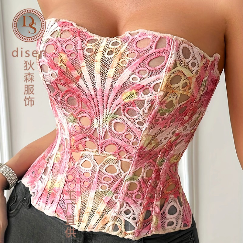 Europa y los Estados Unidos nuevos encaje irregular de doble ajuste hueso chaqueta corte corset impresa chaqueta plástica