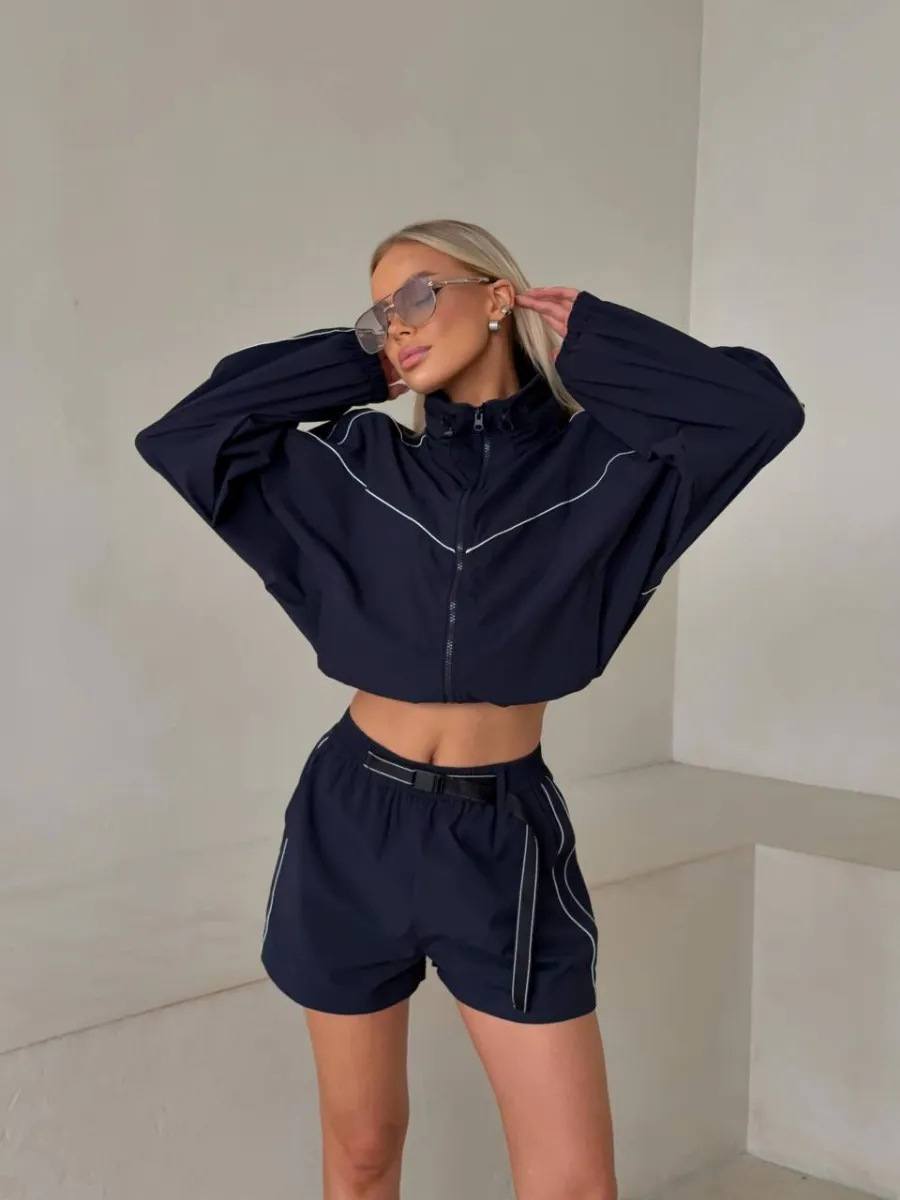 Women's Two Piece Set Solid Long Sleeve Zip Up Cardigan And Shorts_voghion.com