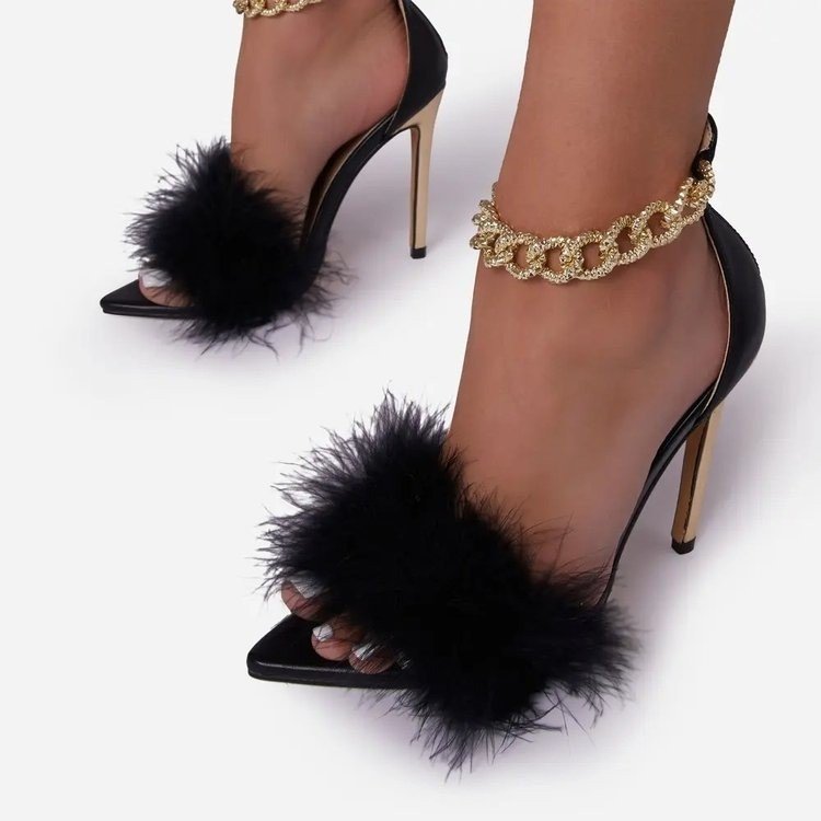 Furry pointed toe stiletto high heel fish mouth large size women's sandals Large size heel shoes_voghion.com