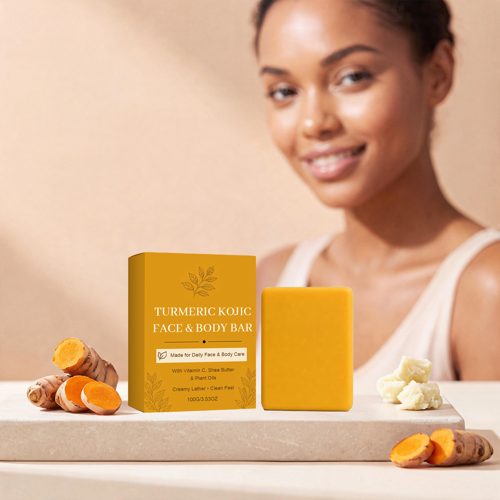 Turmeric Kojic Acid Cleansing Soap Cleanses the Face and Body, Leaving Skin Delicate, Smooth, and Rejuvenated. Use It Daily in the Shower