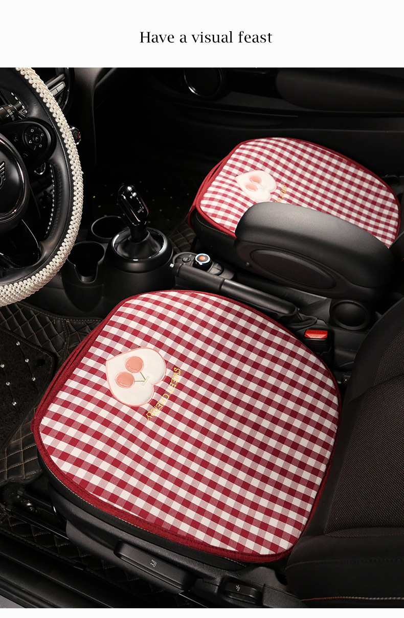 Plaid Cherry Car Cushion Four Seasons Universal Linen Single Piece Goddess Seat Cover Semi-enclosed Breathable Summer Day