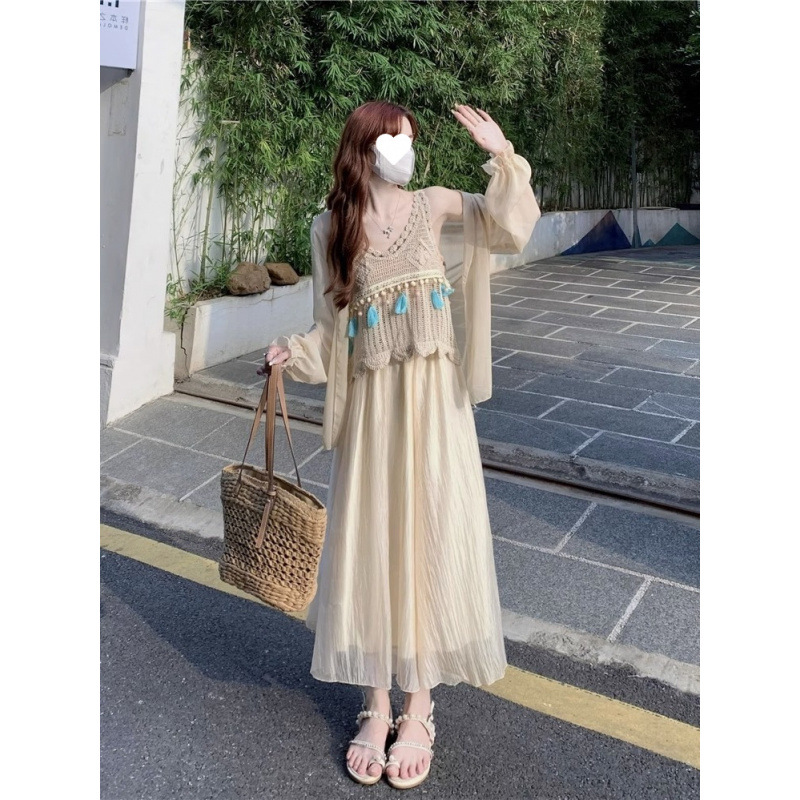 镂空流苏吊带背心女装秋季防晒衫套装2025年新款长袖半身裙三件套