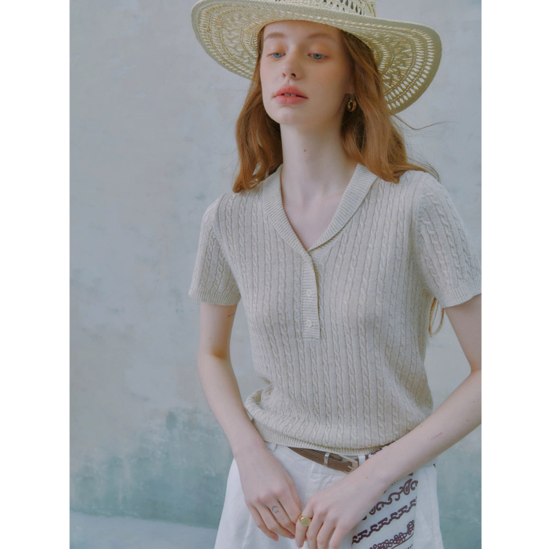 Cable Knit Turtleneck Knitted T-Shirt for Women Spring/Summer Intellectual Commuting Short Sleeve Top Cable Knit Turtleneck Knitted T-Shirt for Women Spring/Summer Intellectual Commuting Short Sleeve Top