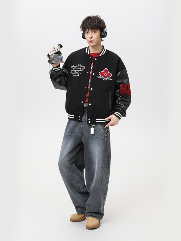 捷展YOU货|美式刺绣撞色PU棒球服25秋季新品街头休闲飞行夹克外套|undefined