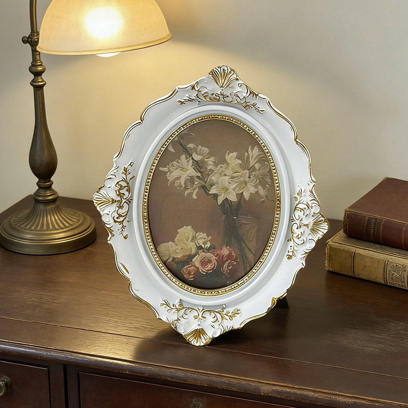European-Style Carved Resin Oval Vintage Distressed Picture Frame, Wall-Mounted Frame, Wall Background Decoration, Palace Style