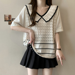 Plus Size Crochet Hollow Knit Sweater Summer New Doll Collar Blouse Chanel Style Short Sleeve Thin Top