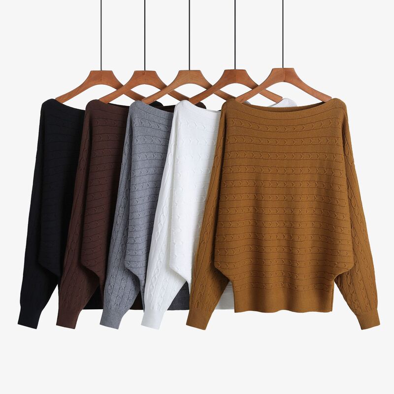 2022 Cross-Border Autumn and Winter Women's Sweater One-Line Collar Twist Bat Shirt Loose Plus Size Long-Sleeved Pullover