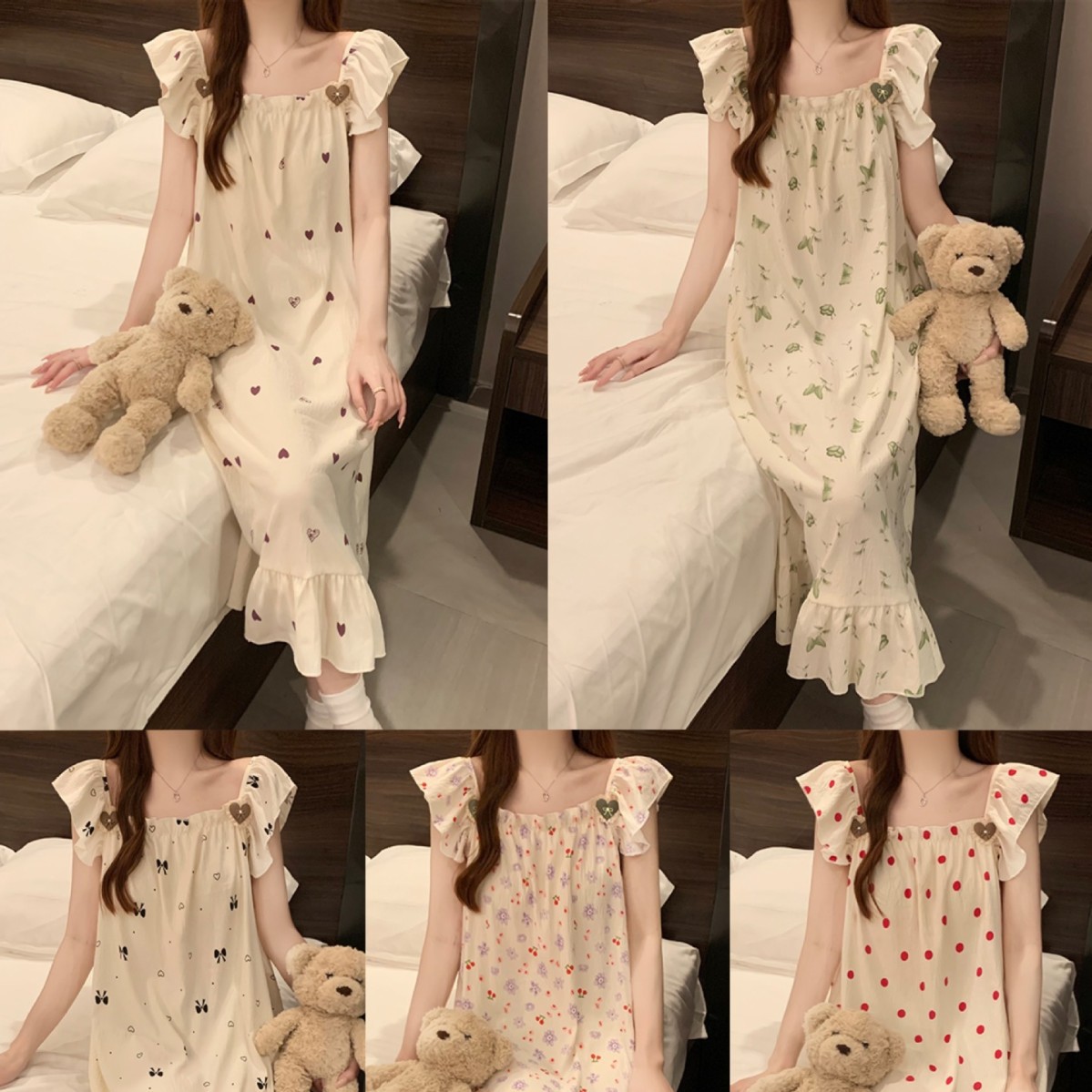 Pijama con cojín de pecho de verano de nube de algodón de mujer pequeña manga dulce dulce dulce dulce estudiante puede usar pijama delgado vestido largo