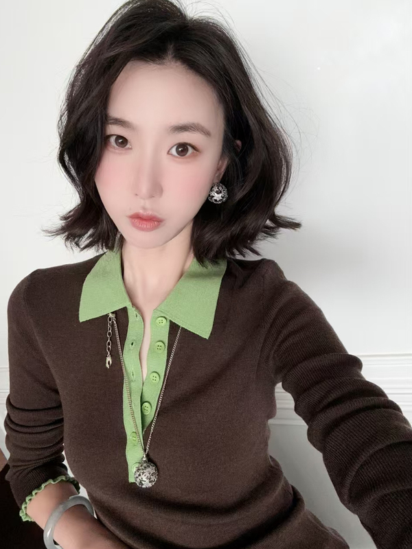法式复古撞色polo领长袖t恤女秋季新款半纽扣设计修身显瘦上衣潮|undefined