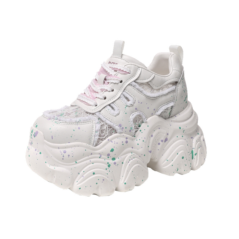 Giày sneaker nữ đế dày chunky lưới thoáng khí tăng chiều cao — Màu trắng