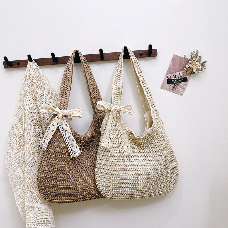 Beach solid color fashionable woven straw fresh shoulder bag one…