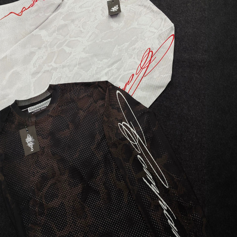 Y2K Style Snake Print Mesh Long-Sleeved T-Shirt Street Fashion Brand Letter Print Breathable Casual Unisex Style Y2K Style Snake Print Mesh Long-Sleeved T-Shirt Street Fashion Brand Letter Print Breathable Casual Unisex Style