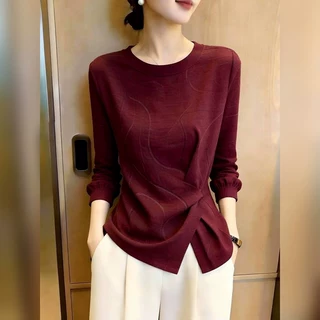 简约风长袖上衣女秋季酒红色超好看圆领显瘦百搭轻奢优雅气质衬衫