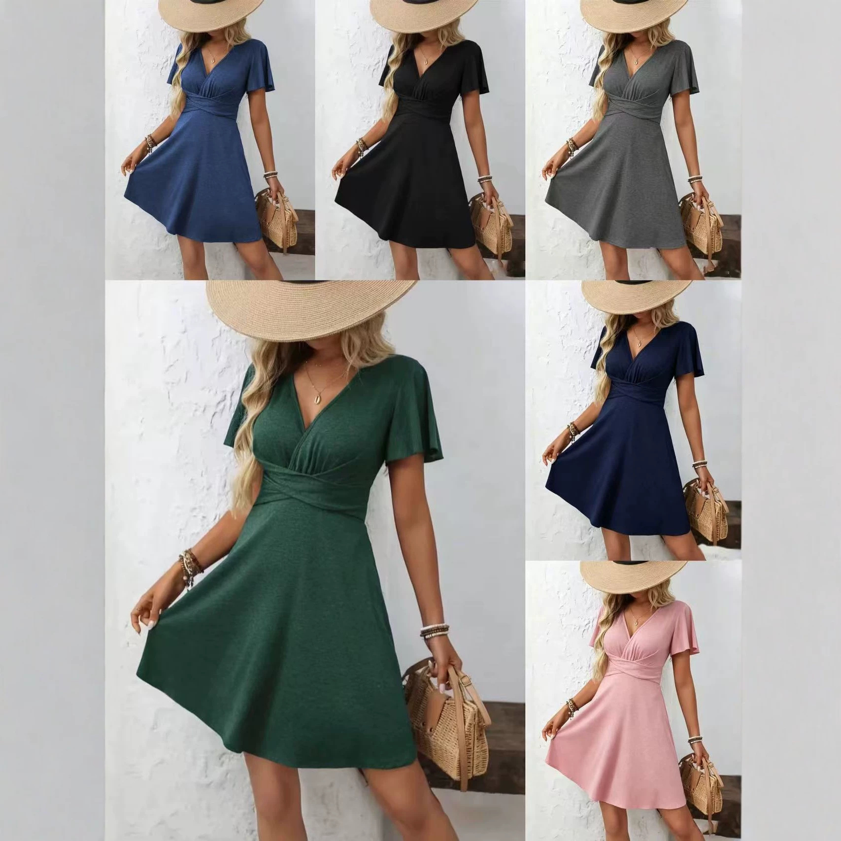 Cross-Border Exclusive Supply of European and American Style Solid Color V-Neck Cross-Waist Short-Sleeve Dress, Casual A-Line Midi Dress