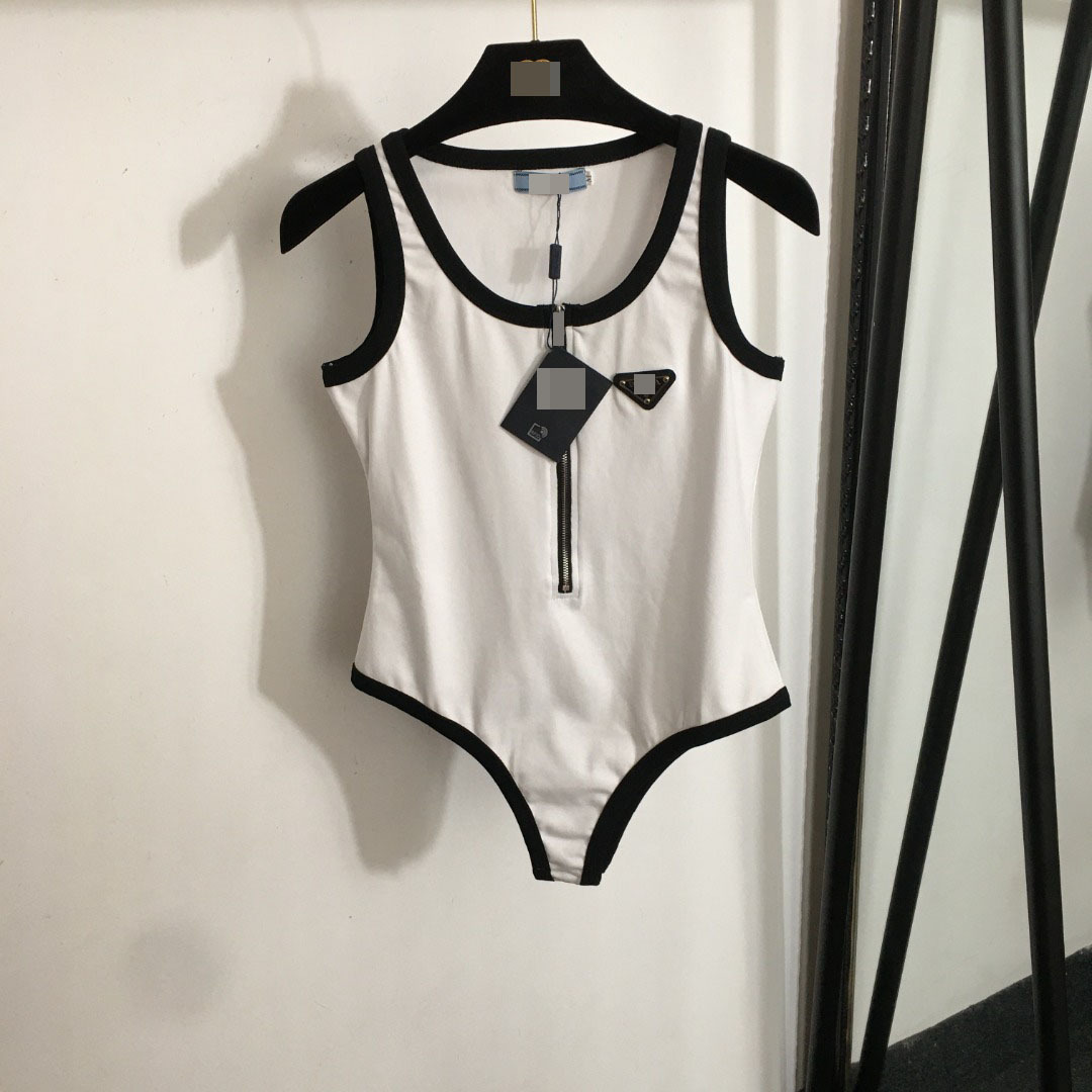 European and American Fashion Slim Half Open Collar Contrast Color Front Zipper Vest Jumpsuit Women's Elastic Sleeveless Knitted Bottoming Top