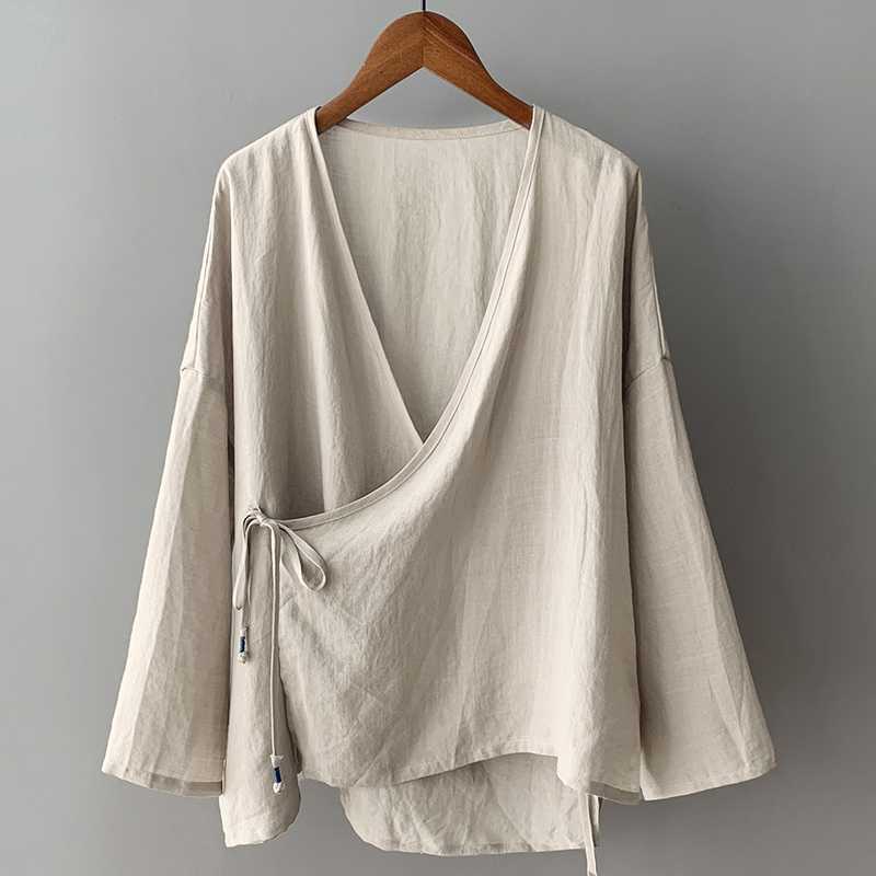 Real Shot Cotton Linen plus size Women's Slant Placket Lace-up Top Loose Artistic Retro Cardigan Tea Art Clothes Thin Slim Shirt