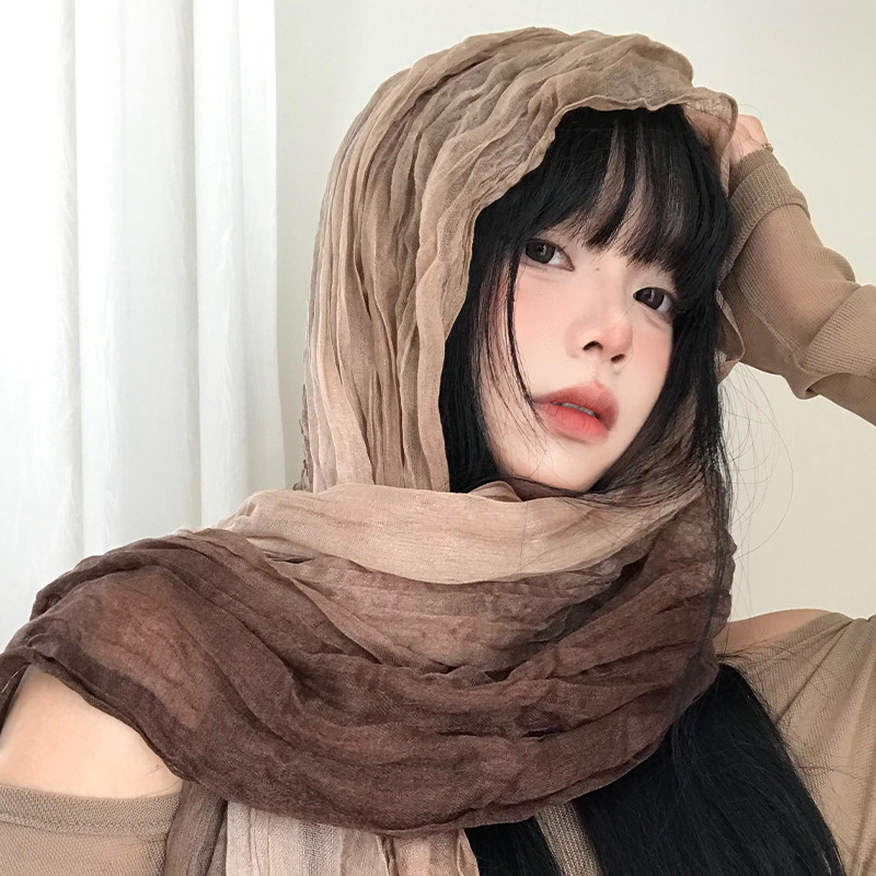 ethnic style silk scarf women‘s waste soil style linen pleated gradient scarf desert concave shape hot girl bib shawl wholesale