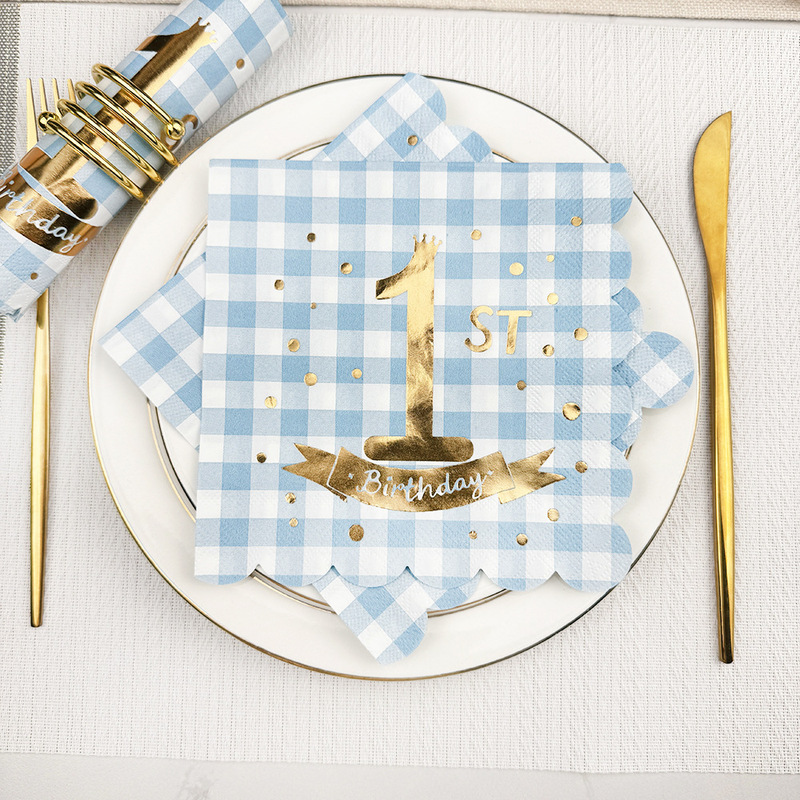 Plaid Fresh Blue Scene 1-Year-Old Gold-Stamped Lace Paper Cut-Edge Irregular Birthday Creative Disposable Napkins Plaid Fresh Blue Scene 1-Year-Old Gold-Stamped Lace Paper Cut-Edge Irregular Birthday Creative Disposable Napkins