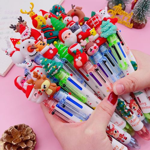 New Christmas 6-color ballpoint pen cartoon Santa Claus ten-color push-button color handbook pen student prizes wholesale