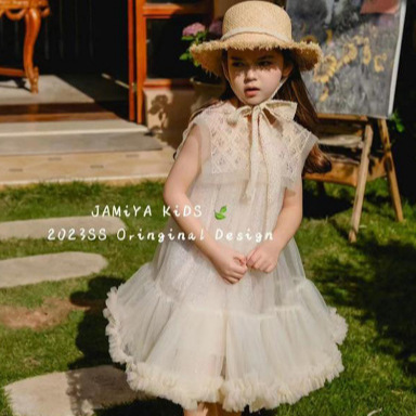 Girls' Summer Dress Children French Lace Beaded Pearl Sparkling Large Collar Birthday Tutu Dress Princess Dress
