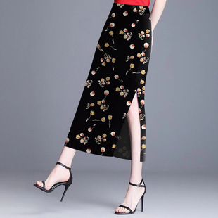 Wholesale Mom's Crotch-Covering Elastic Draped Korean Style Mid-Length Skirt Threaded Thin Slit Women's Skirt Dropshipping