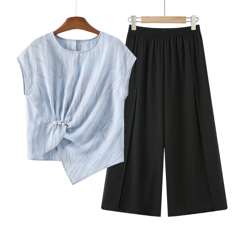 Mom's New Summer Style Short-Sleeved Suit for Middle-Aged and Elderly People, Two-Piece Waist-Cinching Top, Fashionable Casual T-Shirt Customization