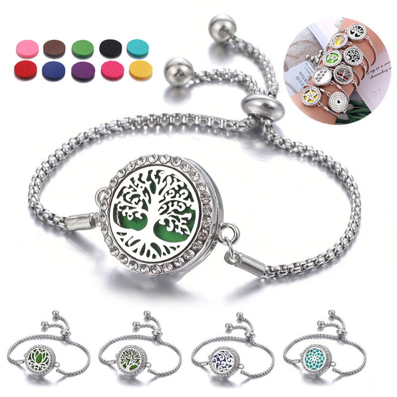 Diamond-Encrusted Stainless Steel Hollow Aromatherapy Essential Oil Bracelet European and American Style Tree of Life Openable Box Perfume Diffuser Bracelet