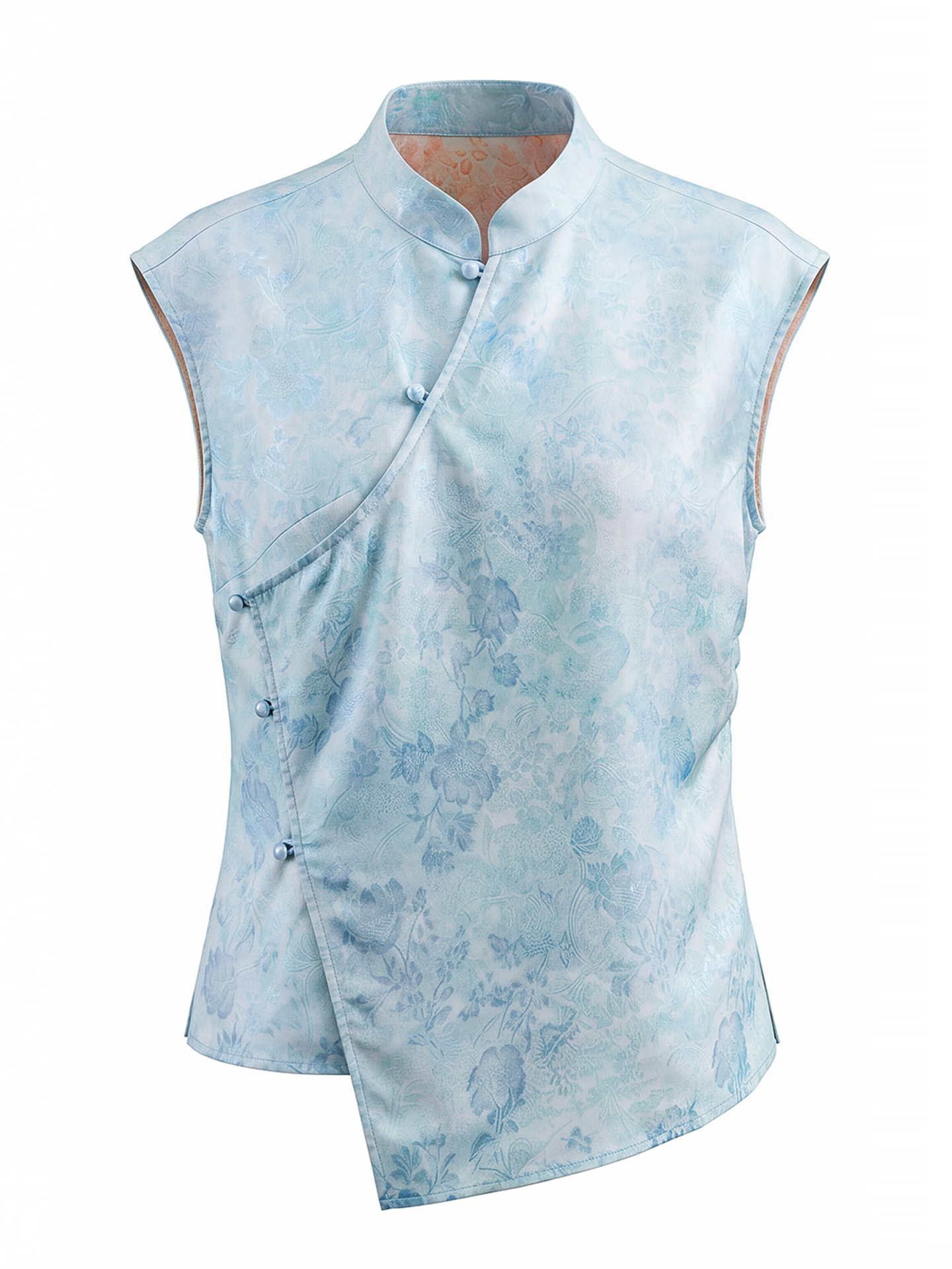 Áo vest không tay nữ kiểu Trung Quốc mới, chất lụa Jacquard nhuộm chìm, tà áo chéo, mặc mùa hè — màu xanh nhạt