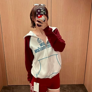 高品质新款火柴人复古撞色插肩袖卫衣刺绣经典休闲连帽长袖女款