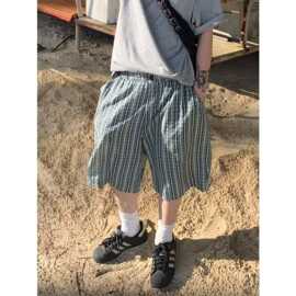 美式复古格纹宽松休闲五分裤男女夏季慵懒风情侣百搭廓形阔腿短裤