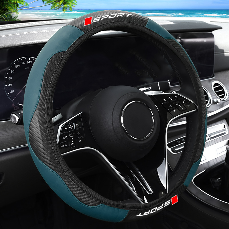 New Car Steering Wheel Cover with High-End Leather Carbon Fiber Pattern and Sporty Lettering, Suitable for All Seasons