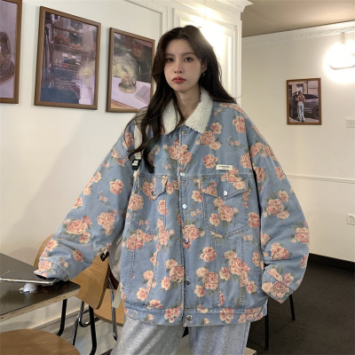 加绒加厚羊羔毛外套女秋冬2021年新款韩版宽松港风牛仔棉衣|ms