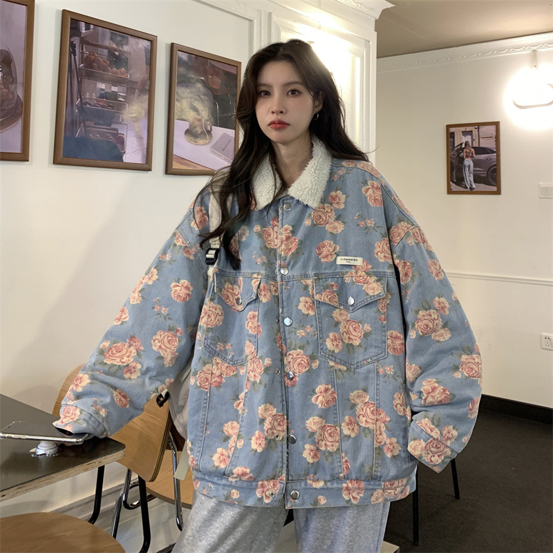 加绒加厚羊羔毛外套女秋冬2021年新款韩版宽松港风牛仔棉衣|ms