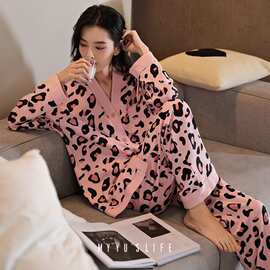 新款豹纹可外穿两件套女家居服春夏秋长袖长裤睡衣套装女跨境货源