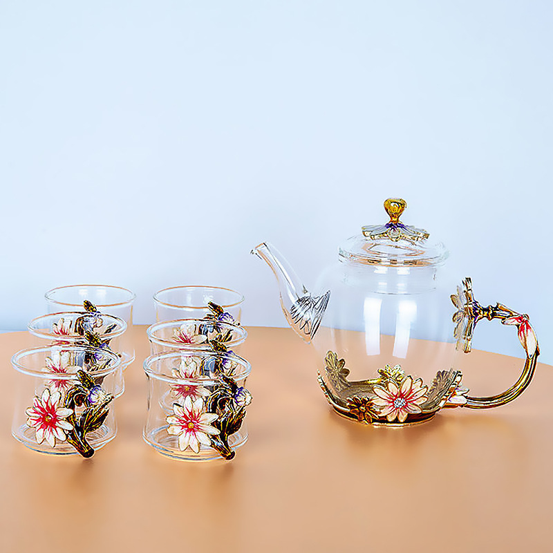 High Borosilicate Thick Luxury Enamel Color Transparent Glass Cup Tea Set with Decorative Patterns, New Style Tea Accessories