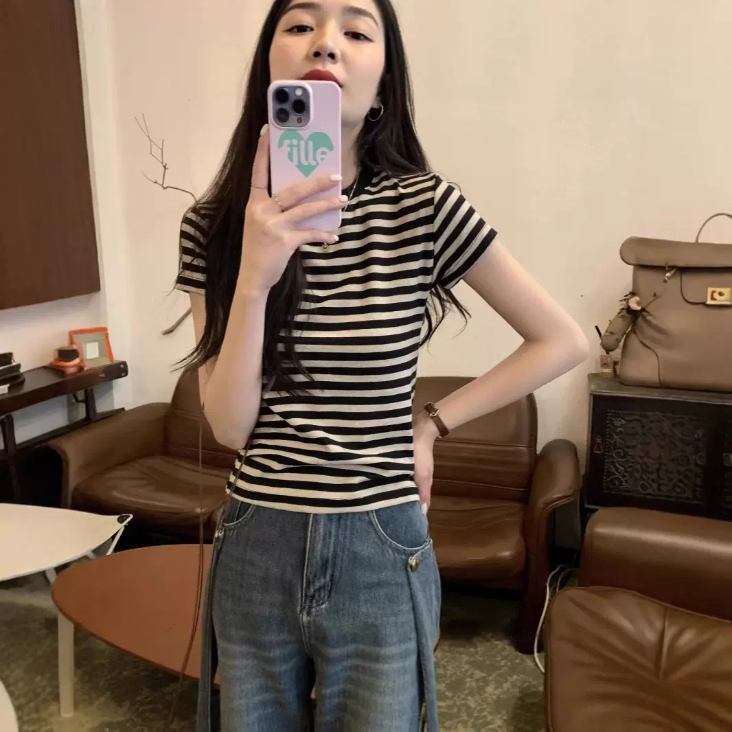 韩系正肩条纹圆领短袖T恤女2025夏季新款韩版时尚百搭小众上衣潮