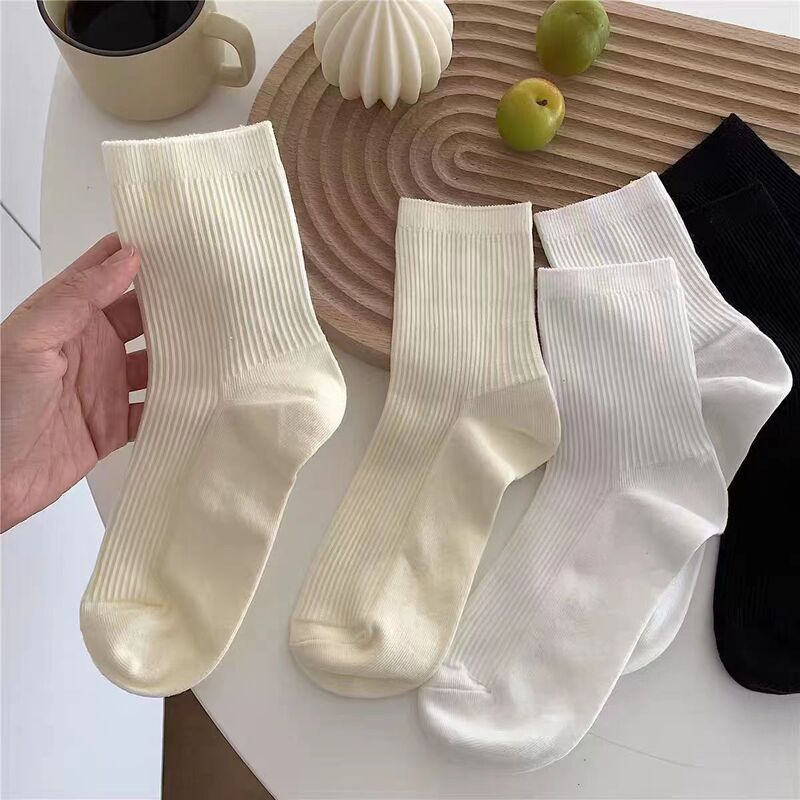 Milky White vertical pattern socks for women Spring and Autumn pile socks ins trendy Japanese style all-match double needle solid color jk mid-calf length socks summer
