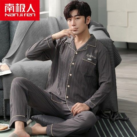 Pijamas de los hombres manga larga 100% algodón primavera, otoño e invierno algodón flojo más tamaño traje desgaste del hogar