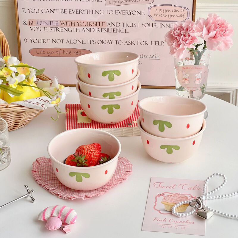 Cream-Colored Household High-Appearance Strawberry Underglaze Trendy Rice Bowl, Cute Girly Tableware Set, Colorful Ceramic, Very Beautiful Cream-Colored Household High-Appearance Strawberry Underglaze Trendy Rice Bowl, Cute Girly Tableware Set, Colorful Ceramic, Very Beautiful