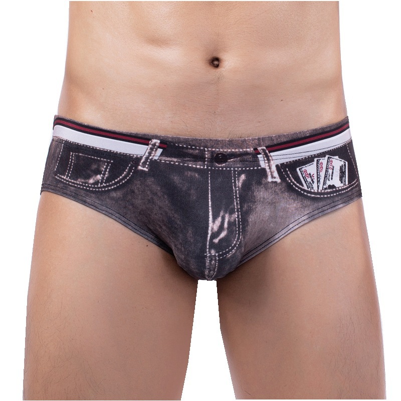 Factory Direct Sales Men's Triangle Printed Underwear Imitation Denim Low Waist Sexy Can Be Swum Two Wear One Piece Drop Shipping