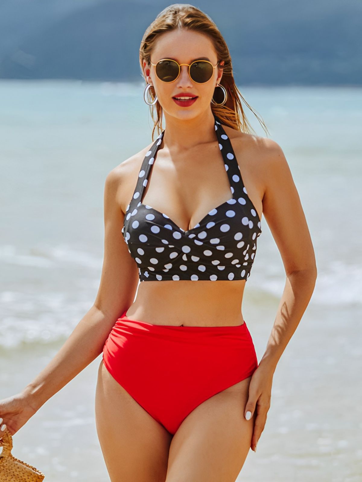 Women's High Waist Ruffle Bikini Set - Sexy Two-Piece Swimwear With Twist Front & Polka Dot Print, Quick Dry & Stretchy Fabric, Multiple Colors_ecoleips.com