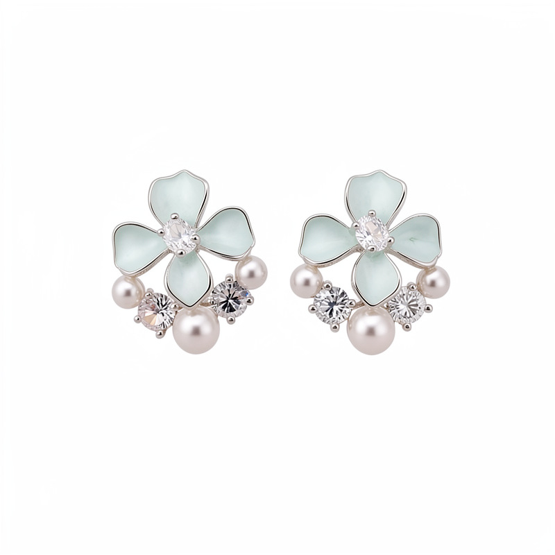 Agujas de plata goteando aceite flor de zircon perlas perlas aretes de aire dulce temperamento fresco ligero lujo alta sensación auriculares al por mayor image 6