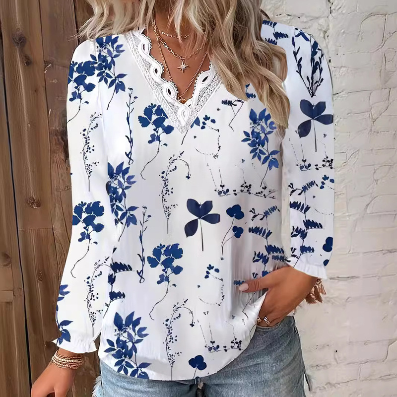 2024 European and American cross-border autumn new long sleeve V-neck lace stitching shirt shirt for women