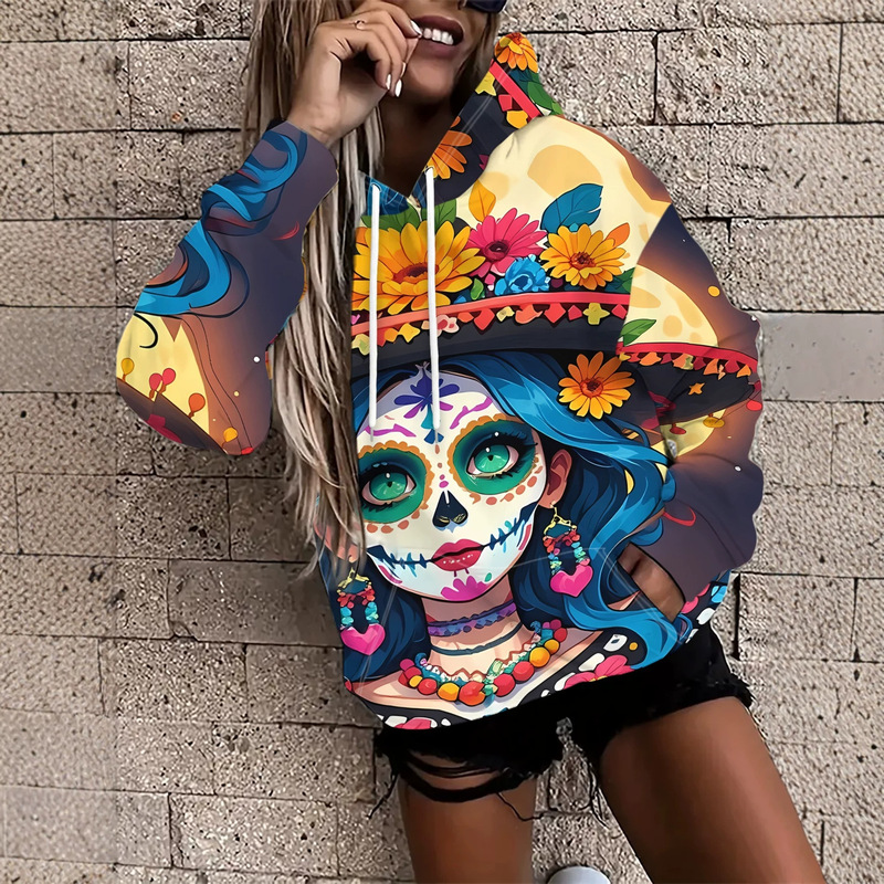 Autumn/Winter Mexican Day of the Dead Women's Hoodie with Colorful Sugar Skulls and Sunflowers, 3D Full Print, Drawstring Pocket