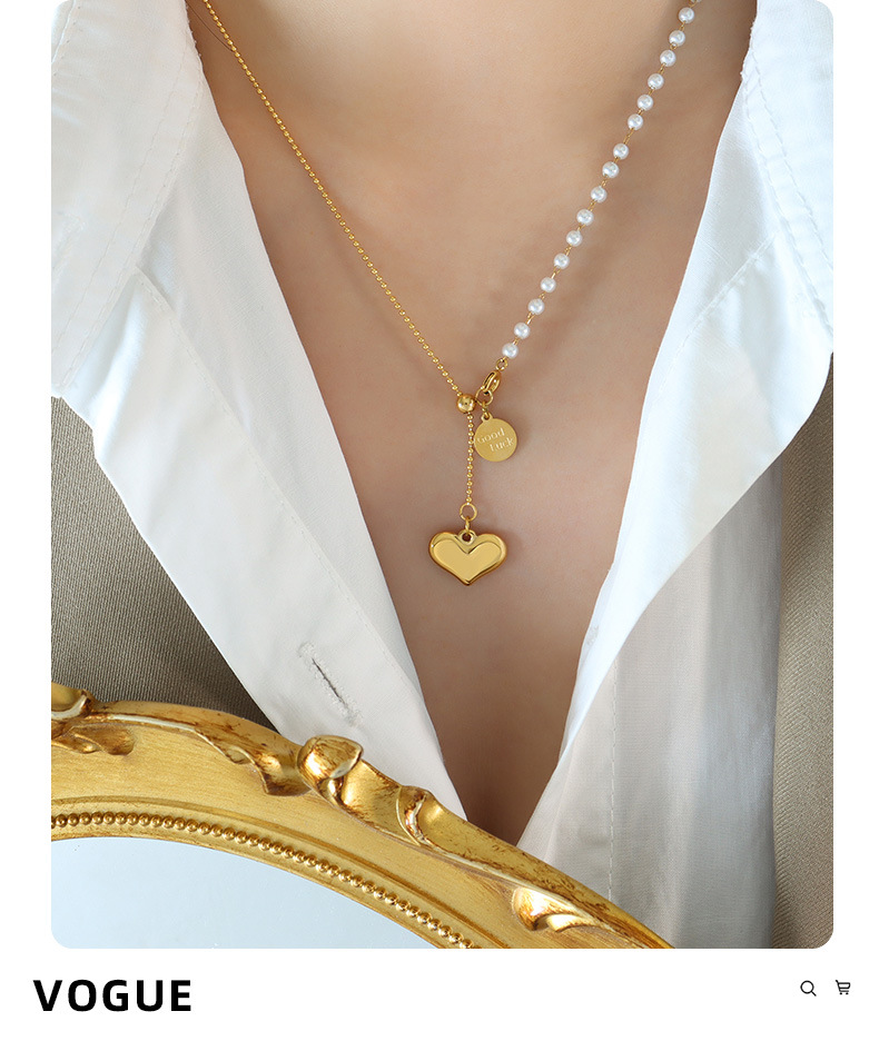Retro Letter Heart Shape Imitation Pearl Titanium Steel Pendant Necklace 1 Piece