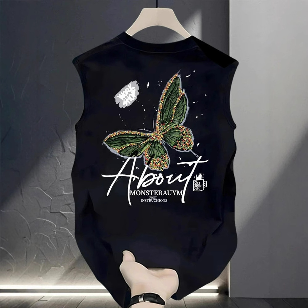 T-shirt senza maniche da uomo estiva con stampa grafica a farfalle - 100% cotone, vestibilità ampia, casual, ideale per sport e palestra._voghion.com
