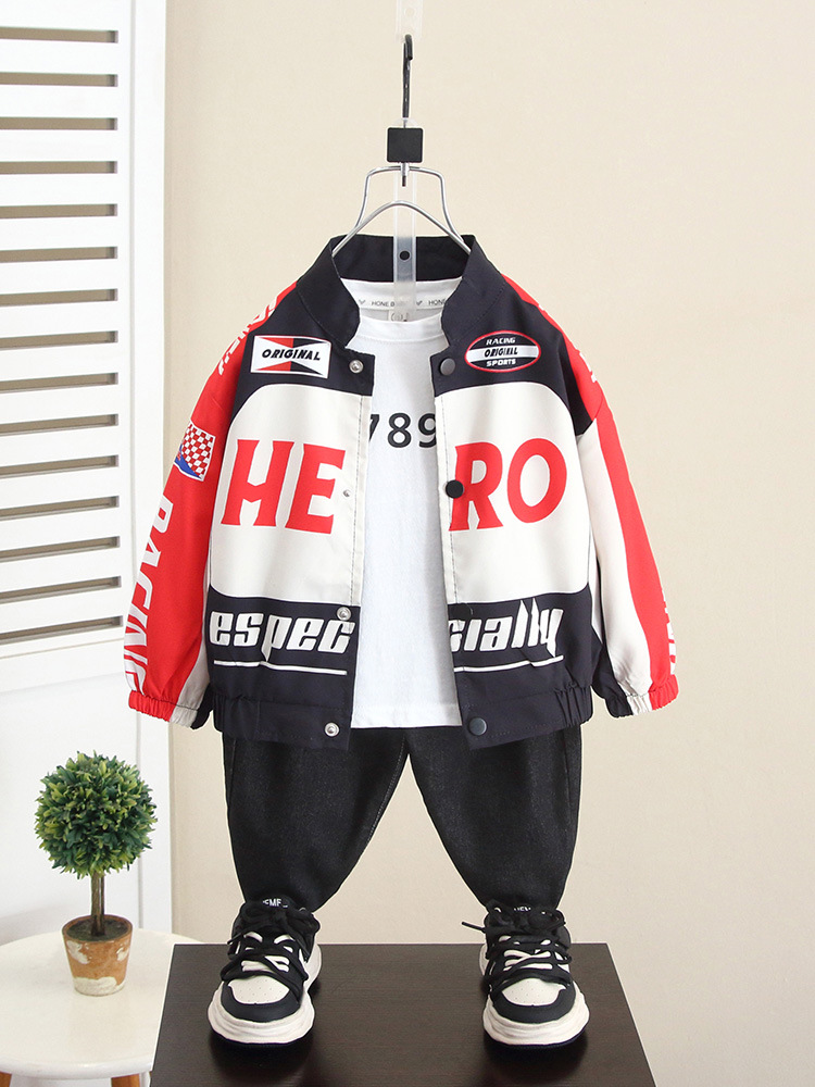5956 Chaqueta de traje de motocicleta guapo de moda para niños 2025 otoño nueva ropa para niños primavera y otoño chaqueta de calle frita para bebés